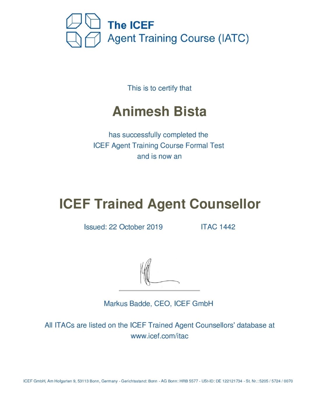 ICEF Certificate to Animesh Bista